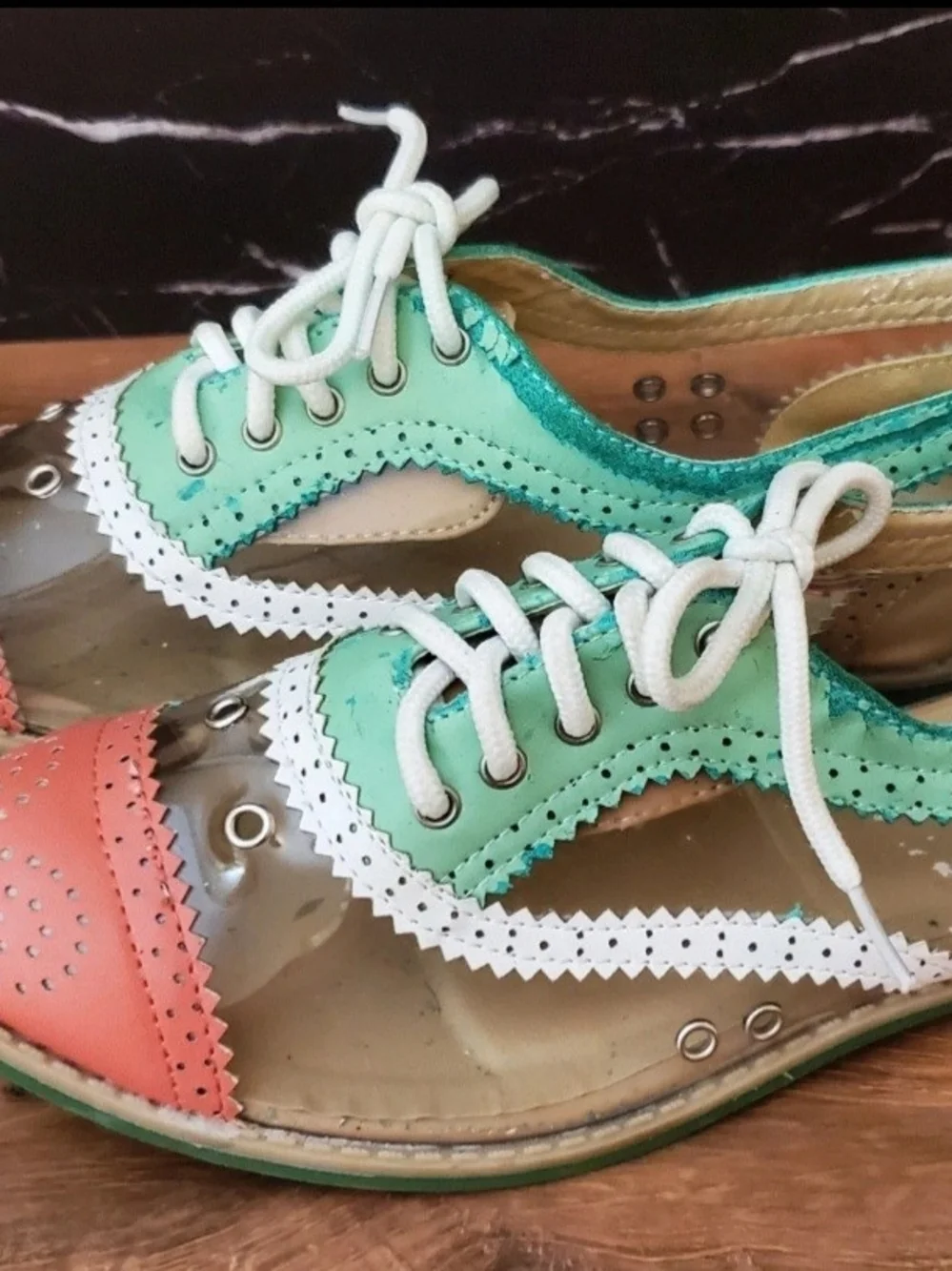 Red Circle Footwear Mint Green and Coral Wingtip Flats